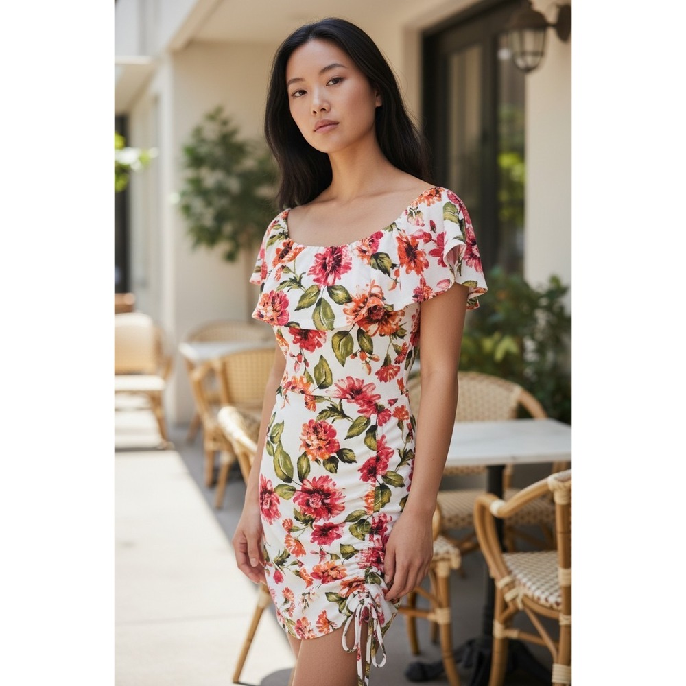 (H-239)Crave Fame Womens Floral Dress Size L Off Shoulder Ruched New With‎ Tags